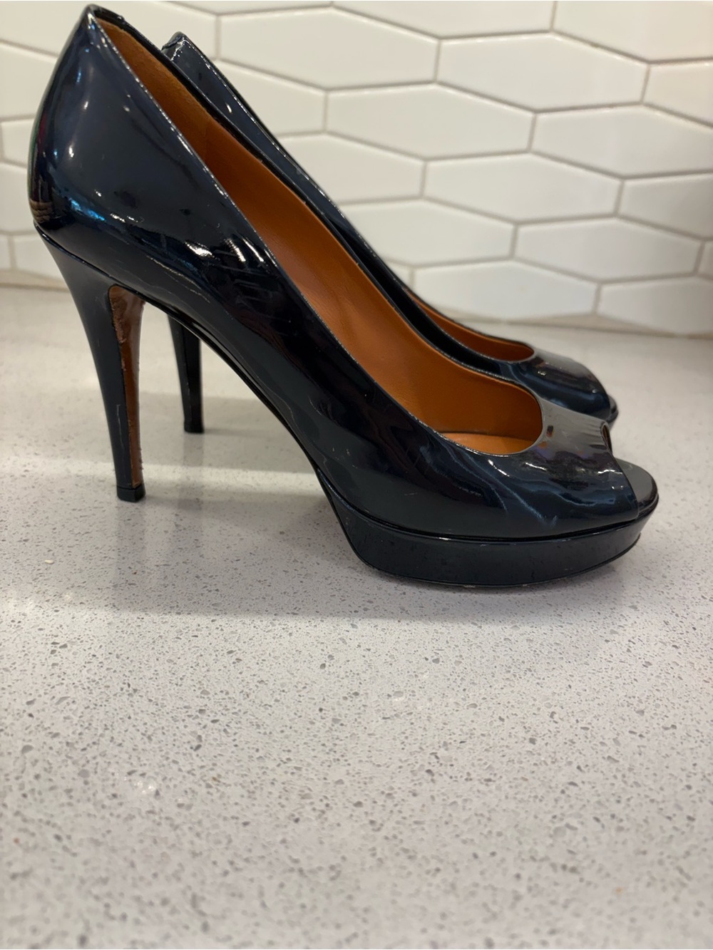 Gucci Navy Patent Leather Peep-Toe Platform Pumps